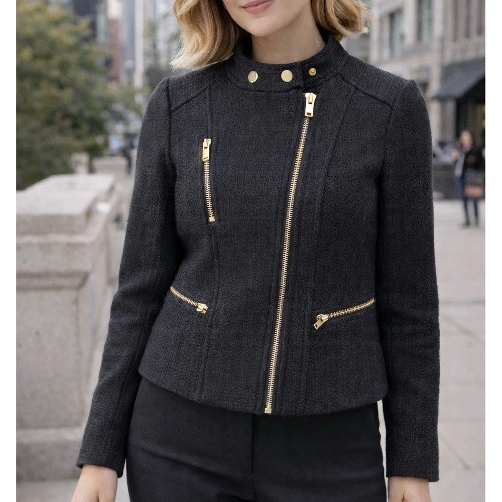 Ann Taylor Jacket Womens 2P Black Excellent Moto Textured Gold Zip Career